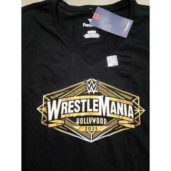Fanatics WrestleMania Hollywood 2023 Logo V Neck T-Shirt Black XL - Picture 2 of 7